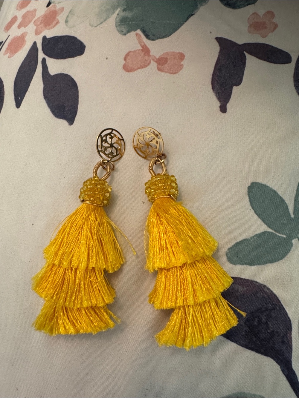 Gold-Top Bright Yellow Tiered Tassel Earrings